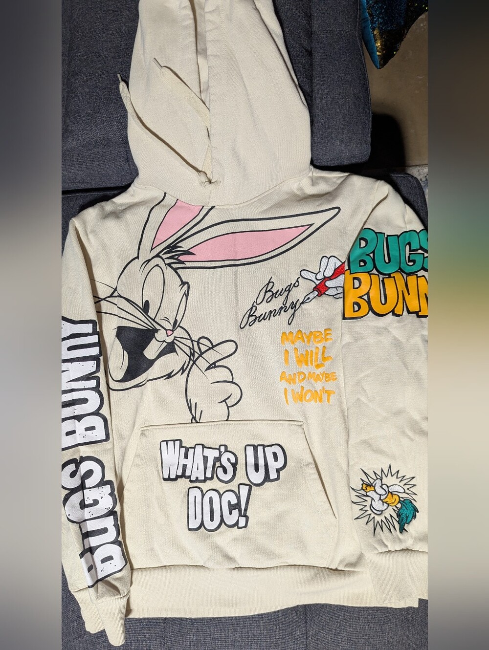 Mad Engine Looney Tunes Bugs Bunny Multi-Graphic Cream Hoodie Large